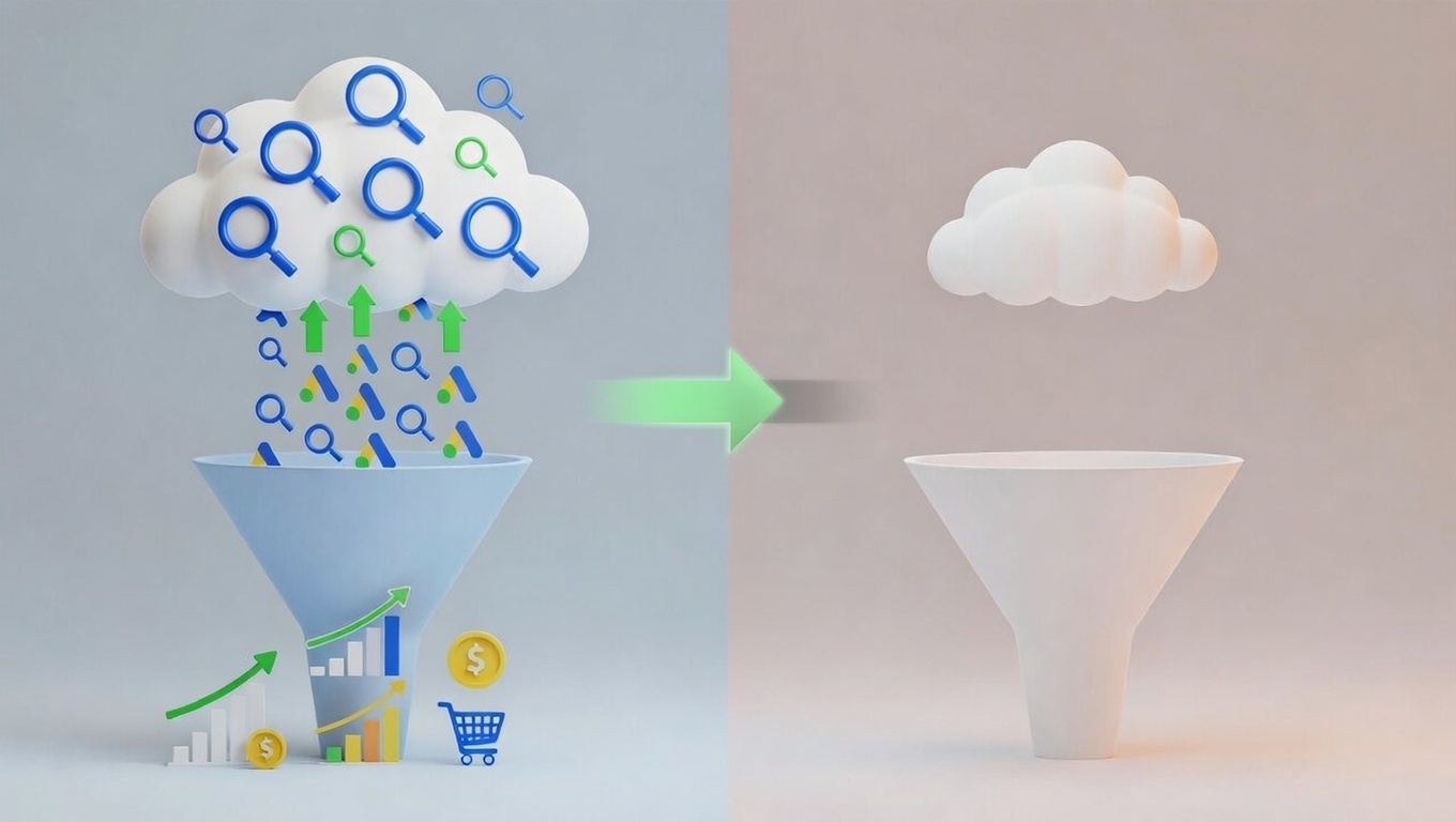 Ilustração conceitual comparando alto e baixo volume de buscas no Google Ads: funil cheio com muitos cliques e conversões à esquerda, funil vazio com poucos resultados à direita, destacando o contraste de oportunidade.