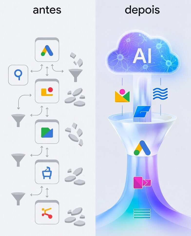 Ilustração conceitual comparando o antes e depois da Performance Max no Google Ads: à esquerda silos separados e fragmentados para cada canal, à direita funil unificado com IA distribuindo ativos criativos para todos os canais de forma integrada e automatizada.