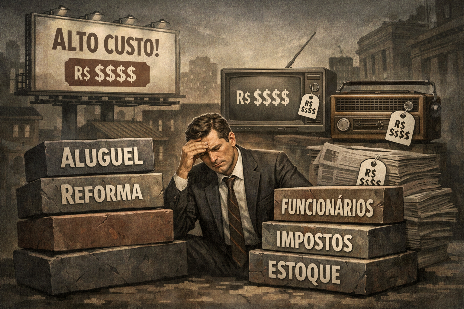 Ilustração conceitual do antes do digital, mostrando um empresário dos anos 80/90 preocupado, cercado por altos custos como aluguel, reforma, funcionários, impostos e estoque, com mídias tradicionais caras ao fundo, representando a dificuldade e lentidão de empreender no passado.