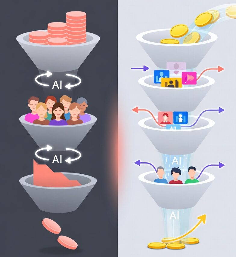 Ilustração conceitual mostrando o risco de aumentar verba em uma única campanha (saturação, desperdício e CPA alto) vs estratégia correta de empilhar novas campanhas com criativos frescos para escala inteligente e custos controlados.