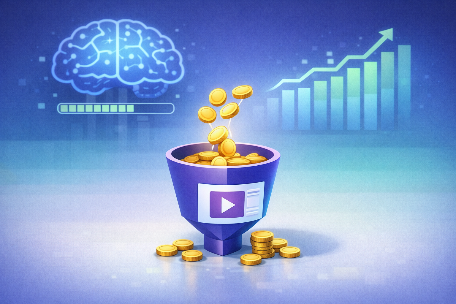 Ilustração de uma campanha única de tráfego pago recebendo orçamento concentrado, com fluxo contínuo de verba e algoritmo de anúncios totalmente treinado ao fundo.