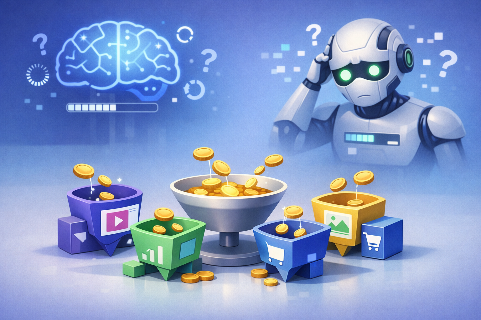 Ilustração conceitual de campanhas de tráfego pago competindo por um orçamento limitado, com verbas divididas em pequenas partes e um algoritmo digital confuso ao fundo.