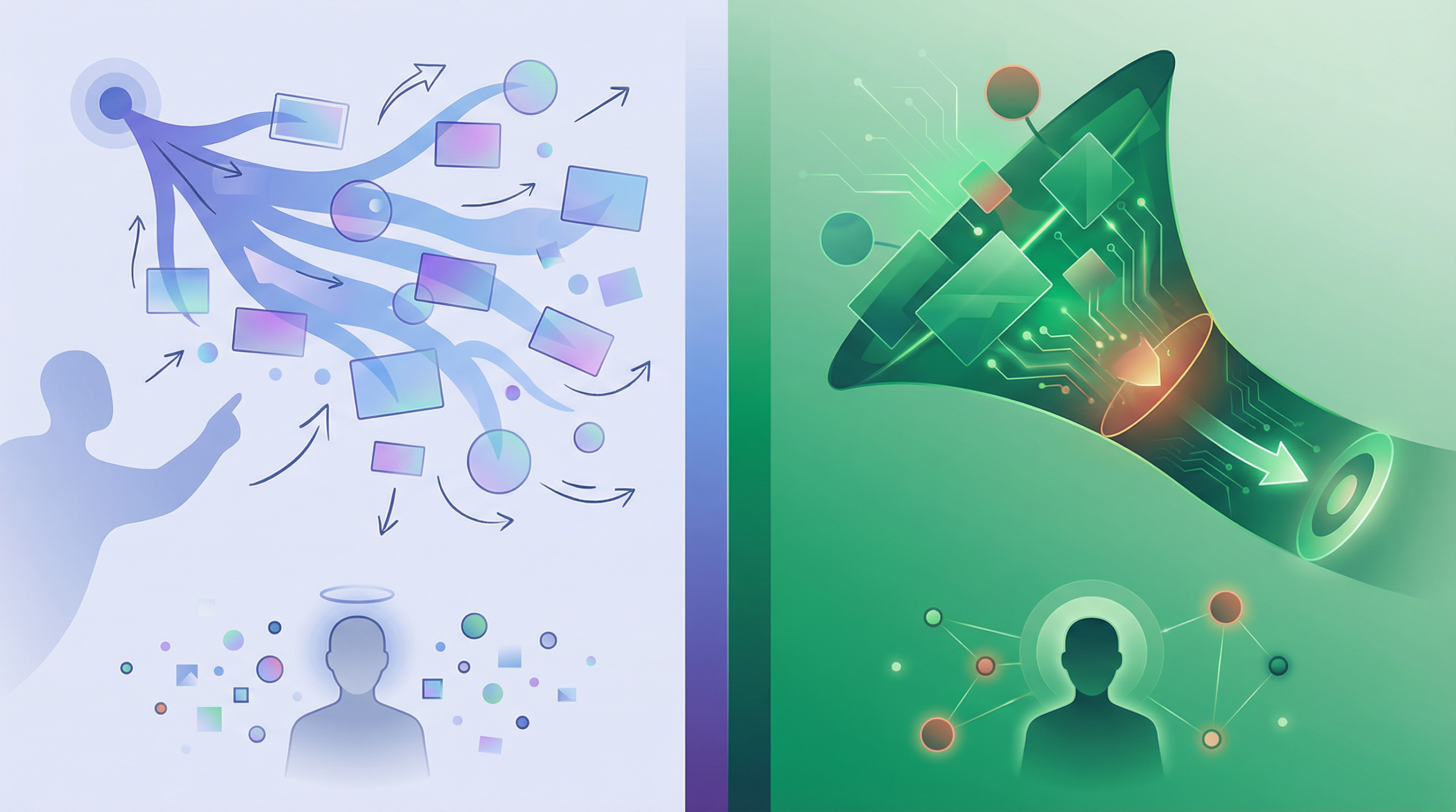 Ilustração comparando campanhas de geração de demanda e Performance Max no Google Ads, mostrando diferenças de objetivo, segmentação, etapa do funil e foco em métricas.