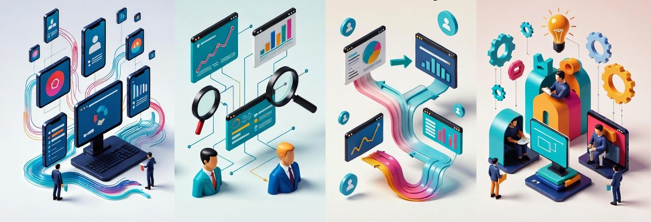 Ilustração conceitual mostrando uma empresa no centro conectada a múltiplos produtos, serviços e canais digitais, incluindo dispositivos, telas de serviços e ícones abstratos de plataformas online, com linhas e setas interligando todos os elementos, transmitindo visualmente diversificação de receitas e atuação em diferentes frentes, fundo limpo e moderno.