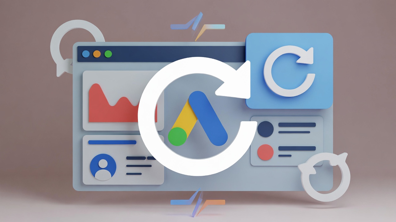 Ilustração conceitual mostrando uma tela de computador com campanhas do Google Ads representadas por gráficos abstratos, enquanto linhas de progresso e setas circulares indicam reinício do aprendizado, transmitindo visualmente atraso, confusão e retorno à estaca zero.
