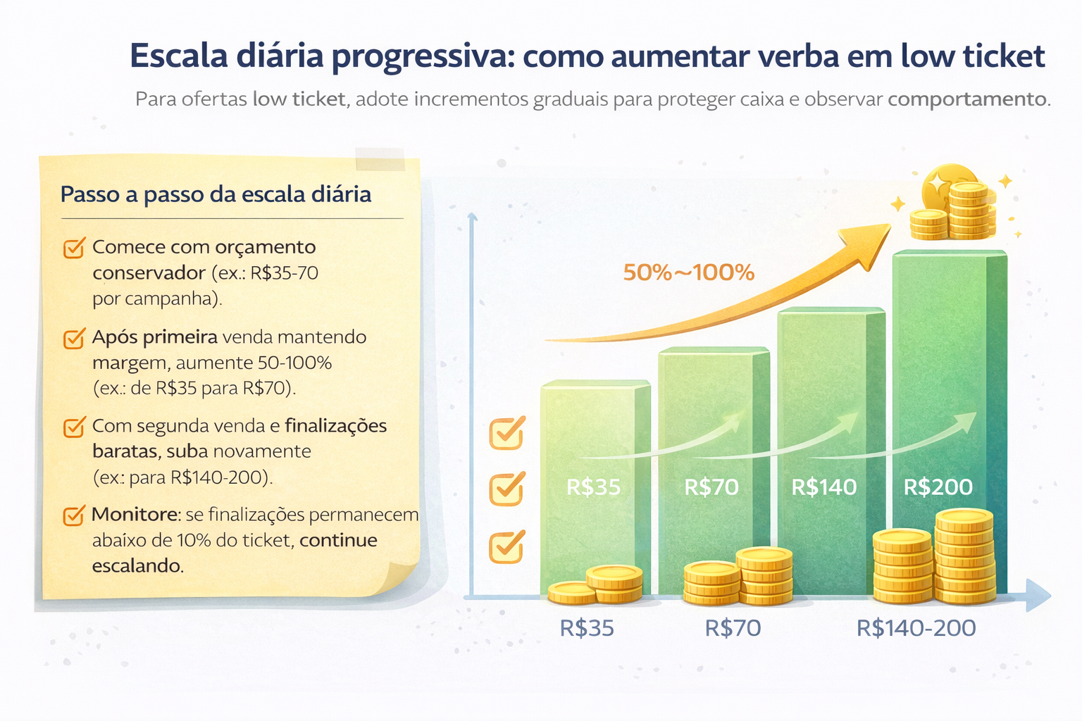 Ilustração explicando a escala diária progressiva em ofertas low ticket, mostrando como aumentar a verba em campanhas de Meta Ads de forma gradual, controlando risco e mantendo margem.