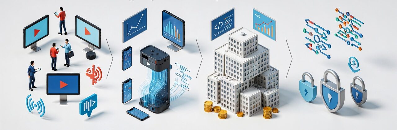 Ilustração conceitual mostrando quatro fatores que levam ao fim de uma hegemonia de mercado: mudanças no comportamento do consumidor com pessoas usando smartphones, vídeos curtos e interação; inovação disruptiva representada por startups e dispositivos inovadores; dependência de um único modelo de receita com gráficos de publicidade e vulnerabilidade; e impactos tecnológicos e regulatórios representados por algoritmos, cadeados e símbolos de proteção de dados, todos conectados visualmente, fundo limpo e moderno.
