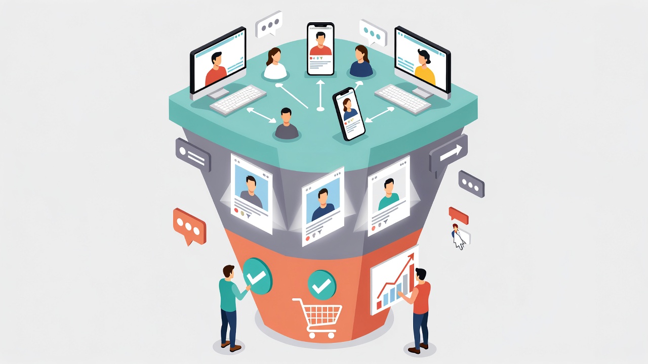 Ilustração conceitual mostrando uma estratégia de funil completo híbrido em marketing digital, dividida em três camadas verticais: topo com microinfluenciadores interagindo com seguidores de forma orgânica e educativa, meio com anúncios destacados dos mesmos influenciadores com sinais de interesse, e fundo com remarketing mostrando pessoas decididas, ícones de carrinho, checkmarks e gráficos de conversão, conectadas por setas sutis mostrando progressão do funil.