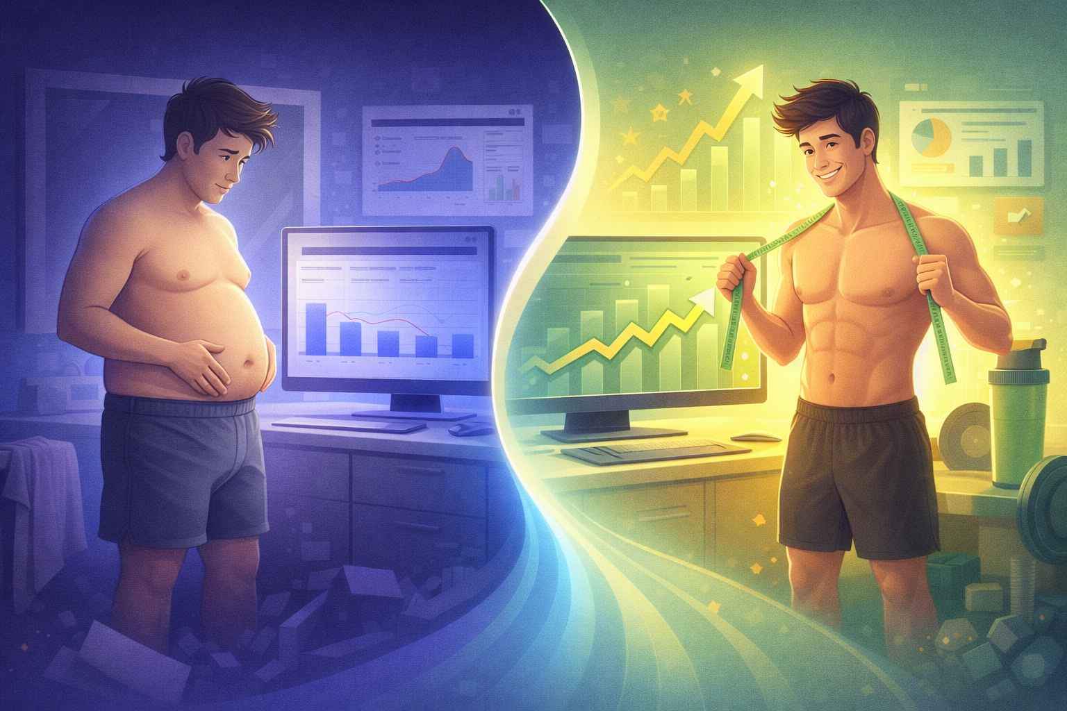 Ilustração de antes e depois mostrando demonstração visual de resultados concretos, com desempenho baixo evoluindo para melhoria clara, representando prova visual e credibilidade imediata.