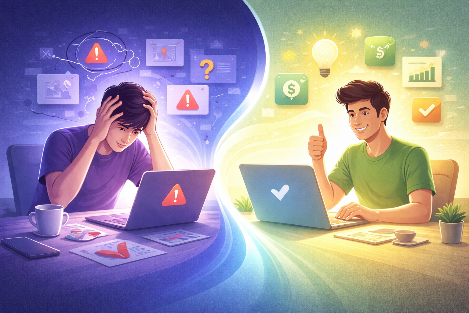 Ilustração conceitual de marketing digital mostrando a transição do problema para a solução, com consumidor frustrado evoluindo para alívio e clareza, representando empatia e resolução de dor do público.