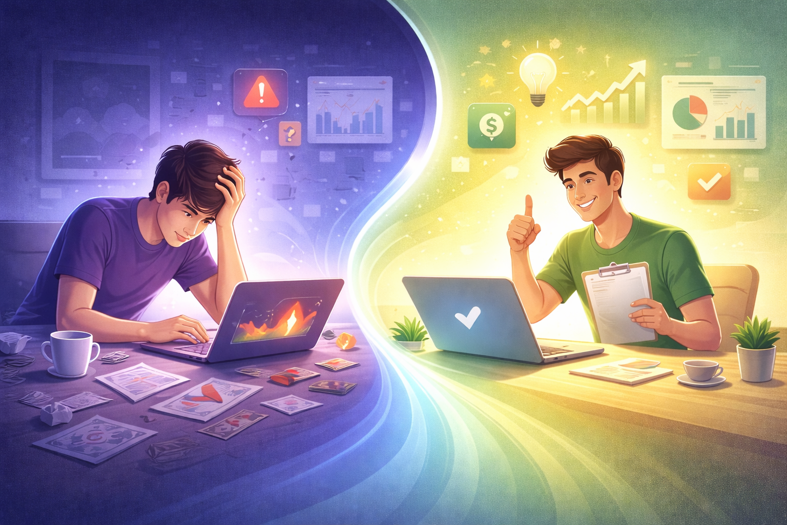 Ilustração de storytelling no marketing digital mostrando a jornada emocional de um personagem, saindo de frustração inicial para clareza, aprendizado e progresso após encontrar uma solução.