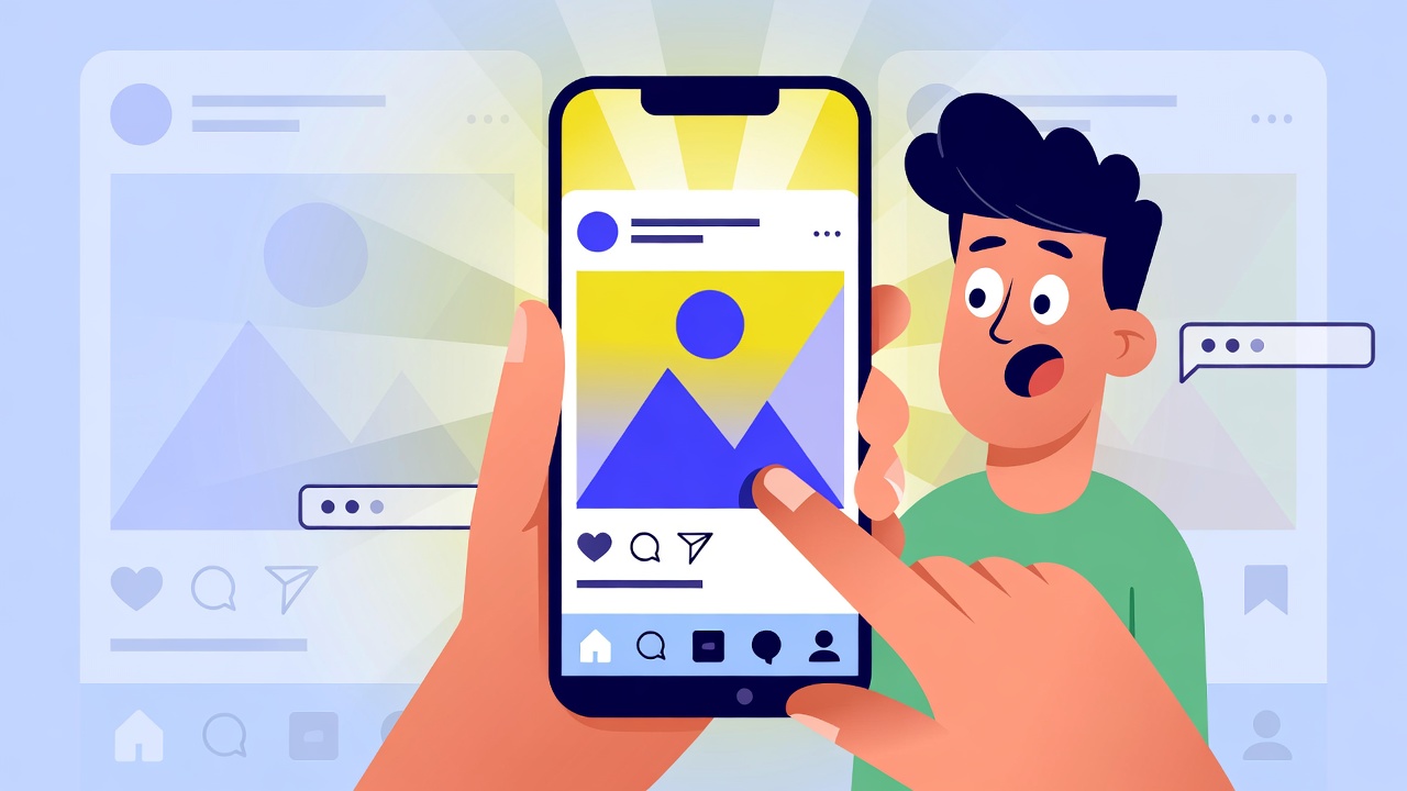 Ilustração de uma pessoa segurando o celular, parando de rolar o feed com expressão de surpresa e curiosidade, enquanto um post se destaca com efeitos de luz e foco, outros conteúdos ficam desfocados, transmitindo visualmente o efeito de um hook que captura atenção imediata.