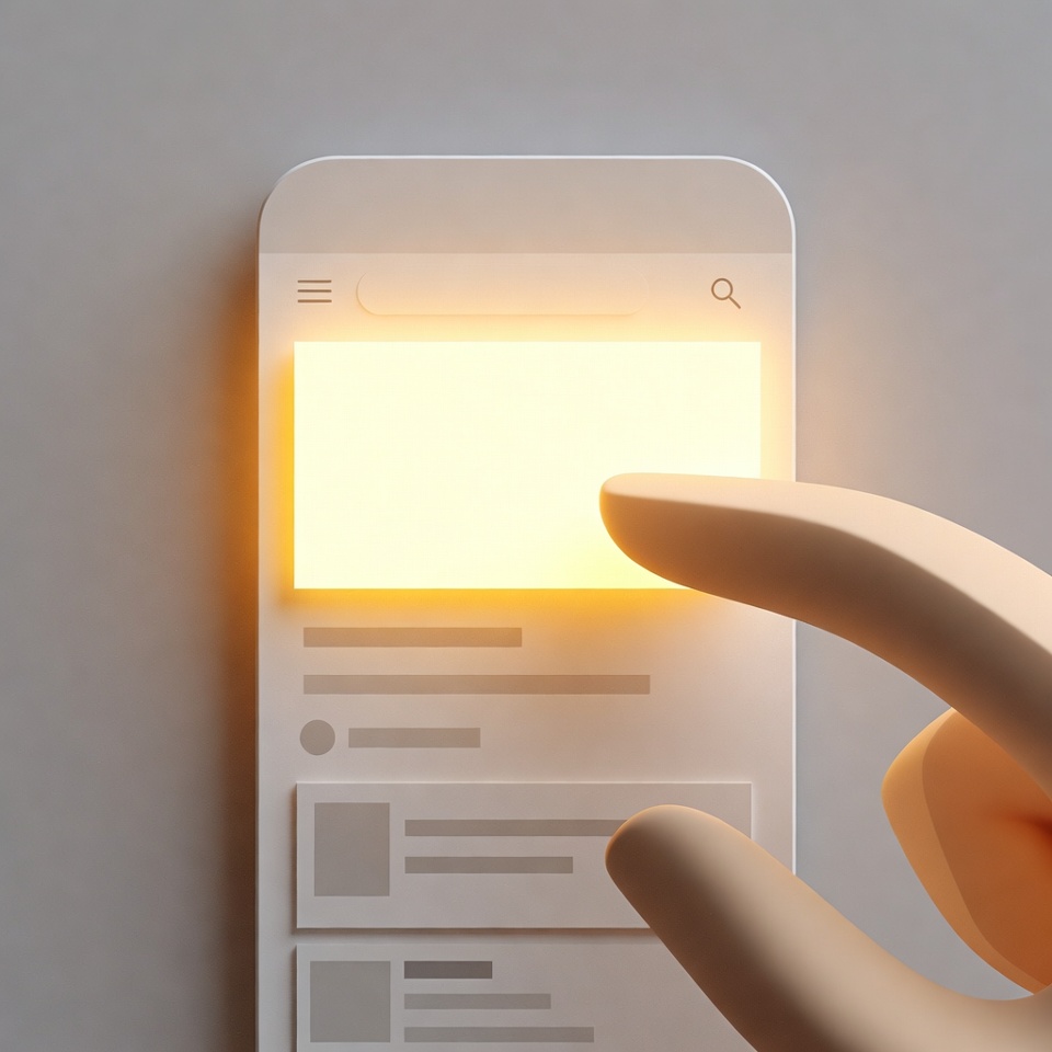 Conceito visual educativo: smartphone exibindo página de resultados de busca antiga com o anúncio pago no topo muito maior e iluminado em dourado, chamando toda a atenção, enquanto os resultados abaixo ficam quase invisíveis, ilustrando a hierarquia visual crítica em mobile no passado.