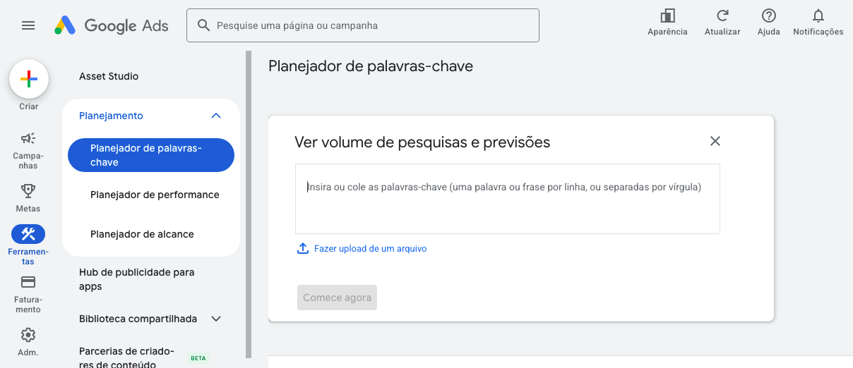 Interface do Planejador de Palavras-Chave. (Fonte: Google Ads)