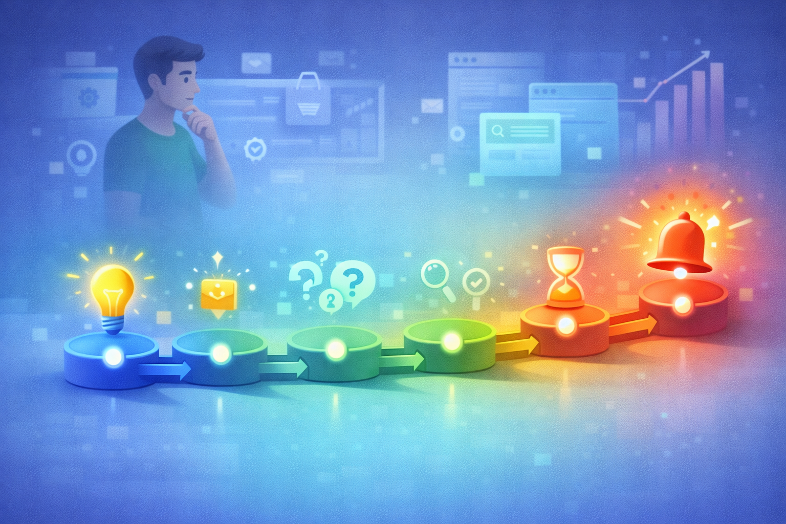 Ilustração de uma linha do tempo de 7 dias no marketing digital, mostrando a evolução do interesse do consumidor, surgimento de dúvidas e aumento da urgência antes da decisão de compra.