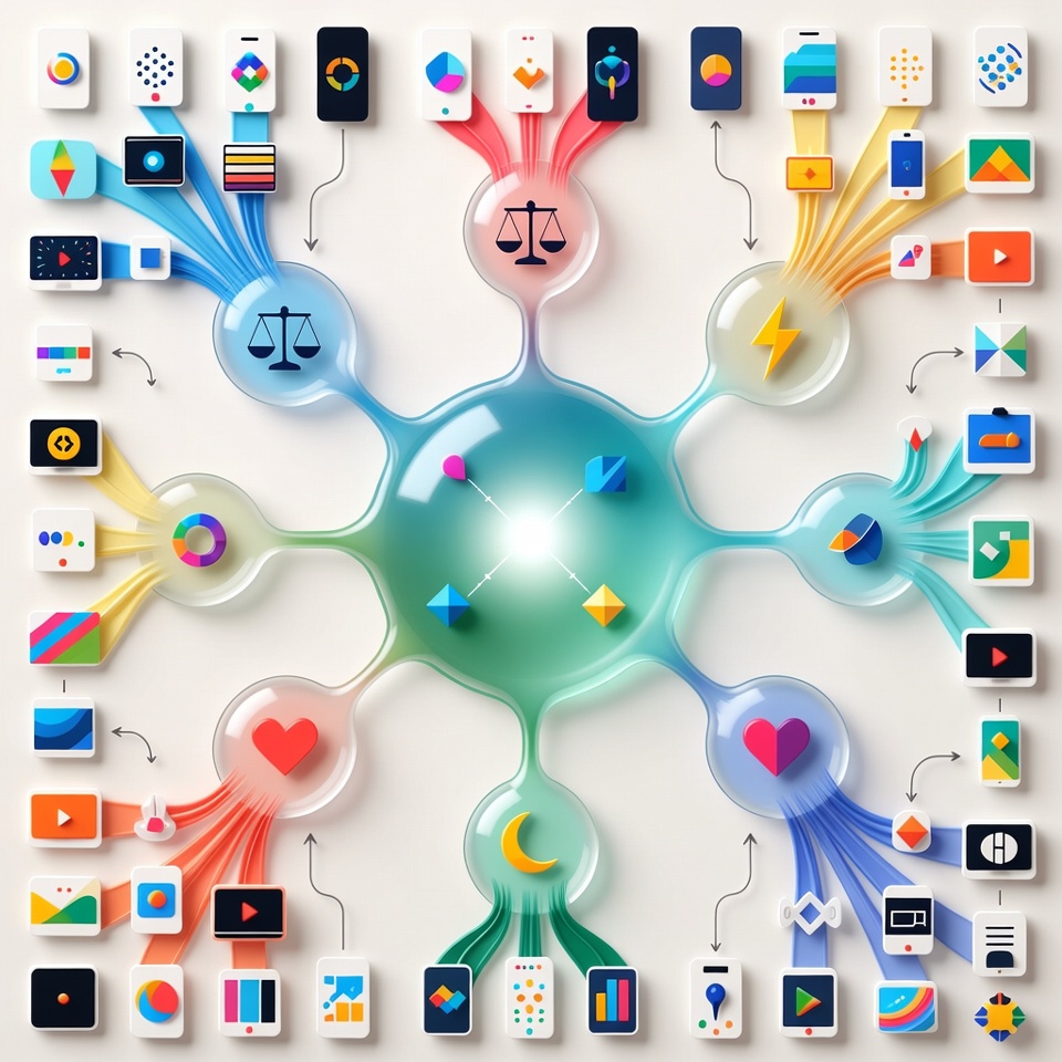 Ilustração conceitual da metodologia das bolhas: bolha principal se ramificando em sub-bolhas, cada uma gerando fluxo infinito de criativos variados, simbolizando multiplicação organizada de ideias no marketing digital.