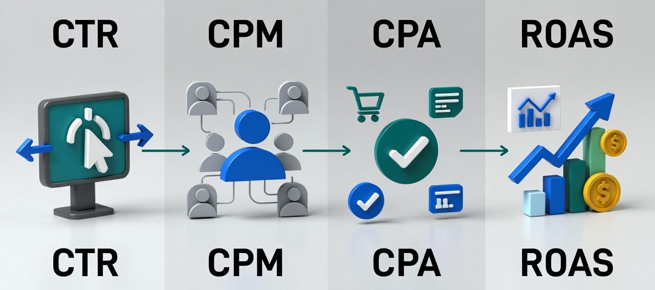 Ilustração conceitual de métricas essenciais de marketing digital, mostrando quatro seções distintas: CTR representado por cliques em links ou botões, CPM com várias silhuetas de público representando alcance, CPA com carrinhos de compras e checkmarks indicando conversões, e ROAS com gráficos de crescimento e moedas simbolizando retorno sobre investimento, todas conectadas por linhas sutis, fundo limpo e moderno.