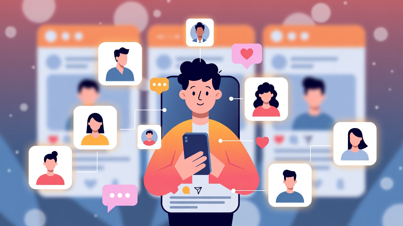 Ilustração conceitual mostrando um microinfluenciador usando celular ou computador, interagindo com seguidores representados por avatares e ícones de pessoas, com linhas conectando o influenciador aos seguidores, efeitos de brilho e destaque nas interações, transmitindo engajamento, autenticidade e identificação emocional, enquanto outros conteúdos aparecem desfocados.