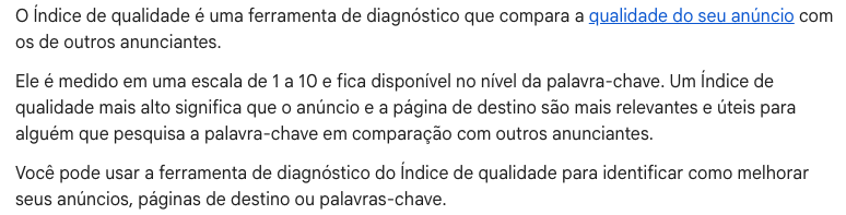 Print da tela do Google mostrando o que é o Índice de Qualidade da campanha.