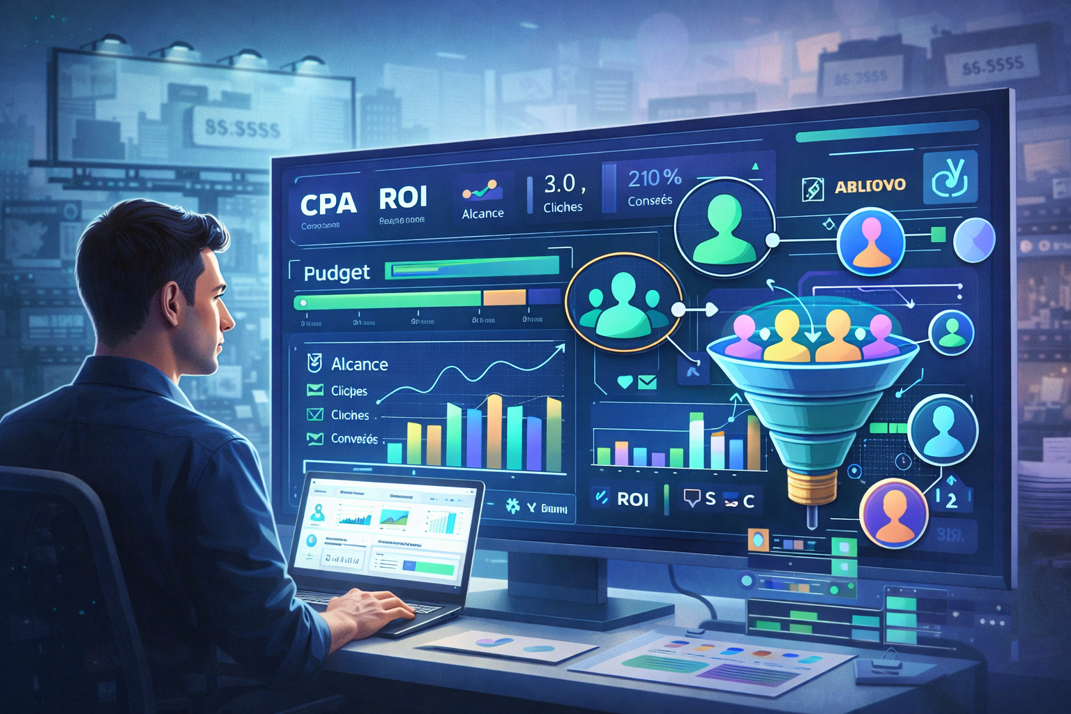 Ilustração da publicidade digital mostrando um profissional de marketing analisando métricas em tempo real como CPA, ROI, alcance, cliques e conversões, com segmentação avançada, controle de orçamento e foco em eficiência.