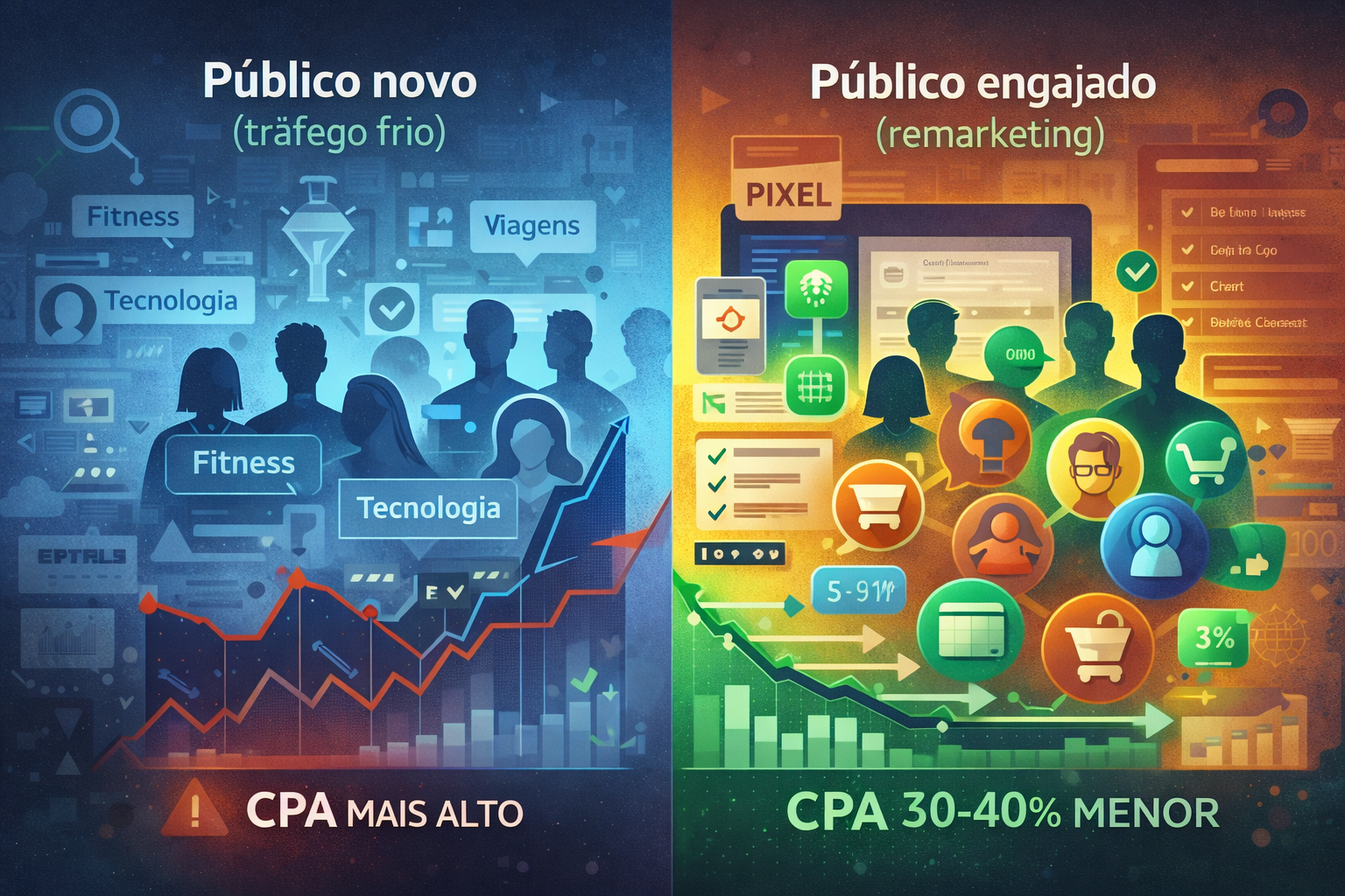 Ilustração comparativa de Meta Ads mostrando público novo (tráfego frio) com CPA mais alto versus público engajado (remarketing) com CPA 30 a 40% menor, destacando segmentação e eficiência.