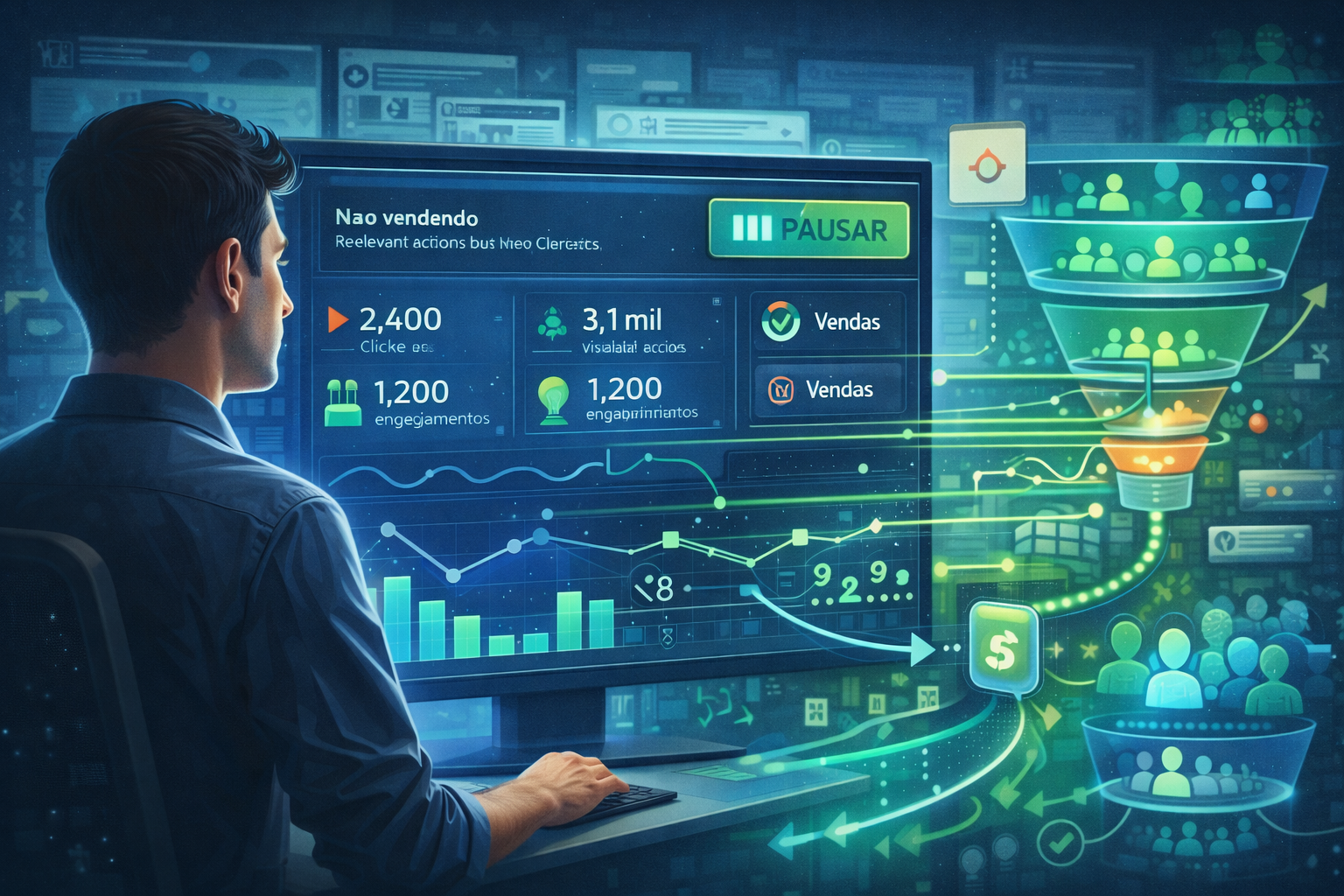 Ilustração de gestor de tráfego analisando campanha ativa que não gera vendas diretas, mas apresenta cliques, visualizações e engajamento, mostrando quando não pausar anúncios e como essas ações alimentam o algoritmo.
