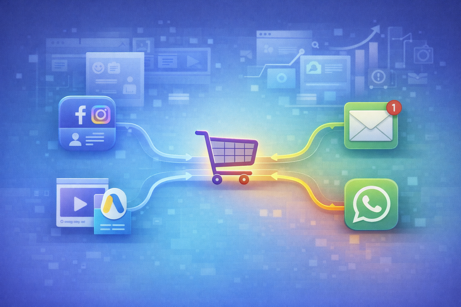 Ilustração de remarketing de abandono de carrinho com múltiplos canais integrados, incluindo anúncios em redes sociais, Google Ads, e-mail marketing e mensagens diretas, conectados a um carrinho de compras central.