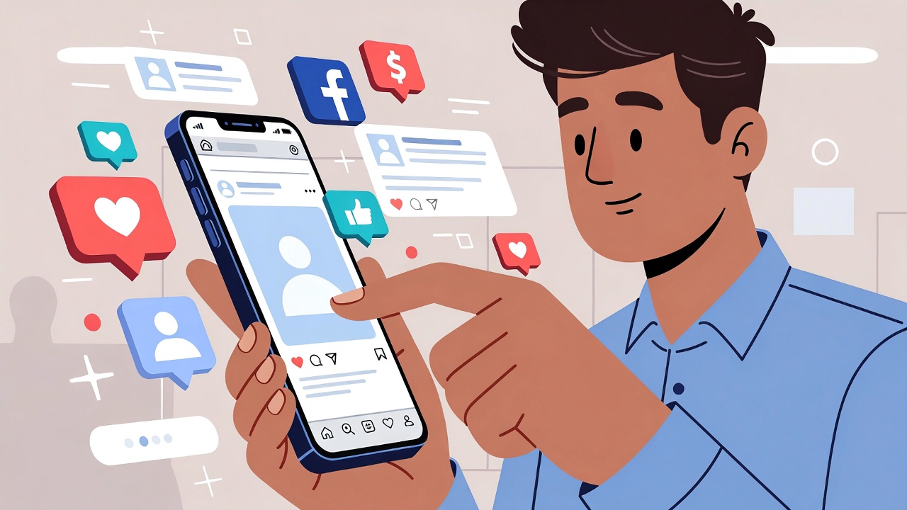 Ilustração conceitual de tráfego frio no marketing digital, mostrando uma pessoa rolando o feed do celular de forma distraída, com conteúdos genéricos e abstratos representando usuários que ainda não conhecem a marca ou o problema.