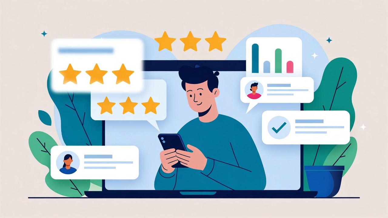 Ilustração conceitual de tráfego morno no marketing digital, mostrando uma pessoa analisando conteúdos no celular ou notebook, comparando opções e avaliando credibilidade antes de tomar uma decisão.