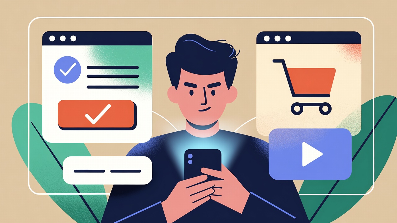 Ilustração de uma pessoa usando celular ou computador com expressão confiante, focada em decidir uma compra, com elementos visuais abstratos representando carrinho de compras, botões de ação, checkmarks e ofertas estilizadas, fundo limpo e moderno, cores quentes e energéticas.