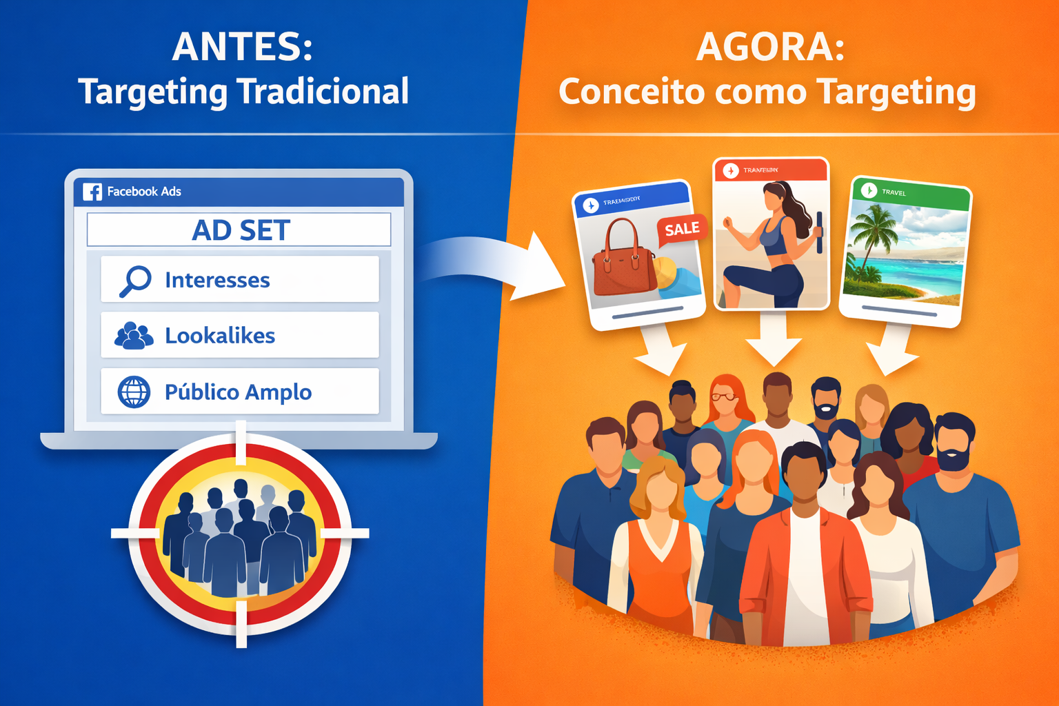 Ilustração mostrando a evolução do Facebook Ads do targeting por interesses para o conceito criativo como principal forma de segmentação.