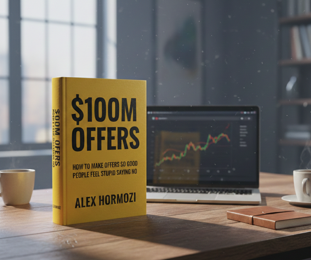 Representação do livro $100M Offers de Alex Hormozi (Imagem gerada por IA).