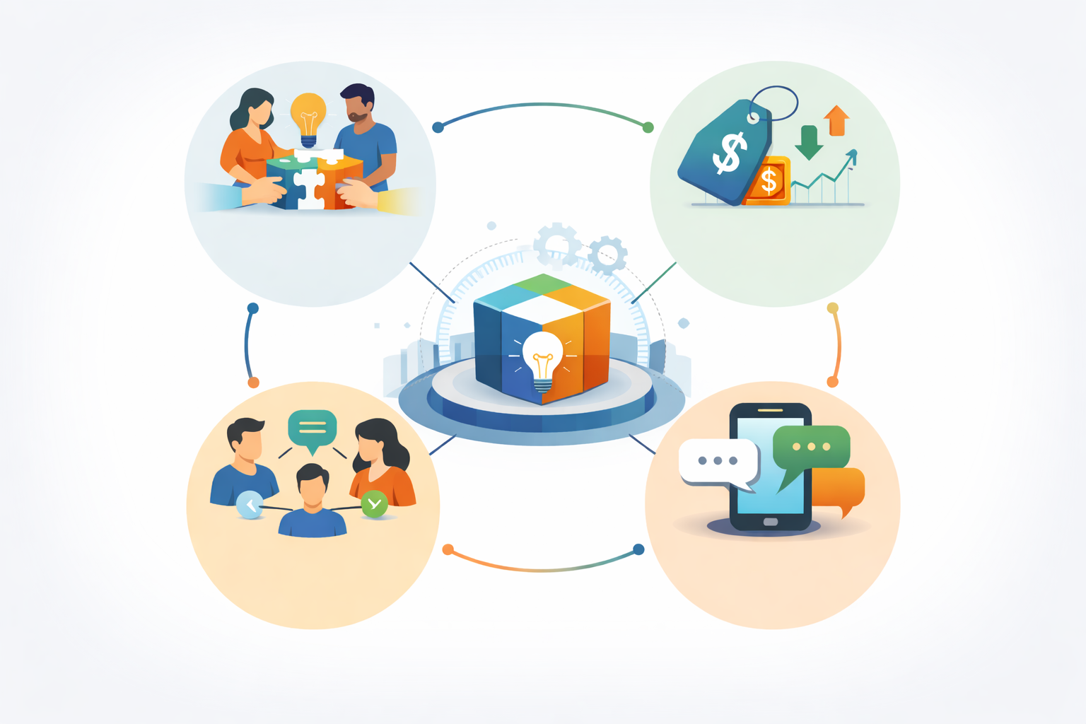Infográfico moderno mostrando as quatro estratégias de marketing: cocriação de produtos, precificação dinâmica, construção de comunidades e conversação contínua com o consumidor, com ícones ilustrativos conectados a um produto central.