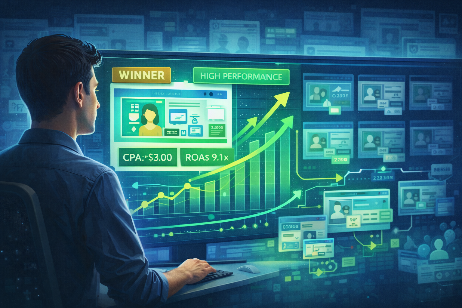 Ilustração mostrando gestor de tráfego analisando painel de Meta Ads com anúncio vencedor destacado, CPA baixo, ROAS alto e gráficos de crescimento, representando foco estratégico em criativos que já funcionam.