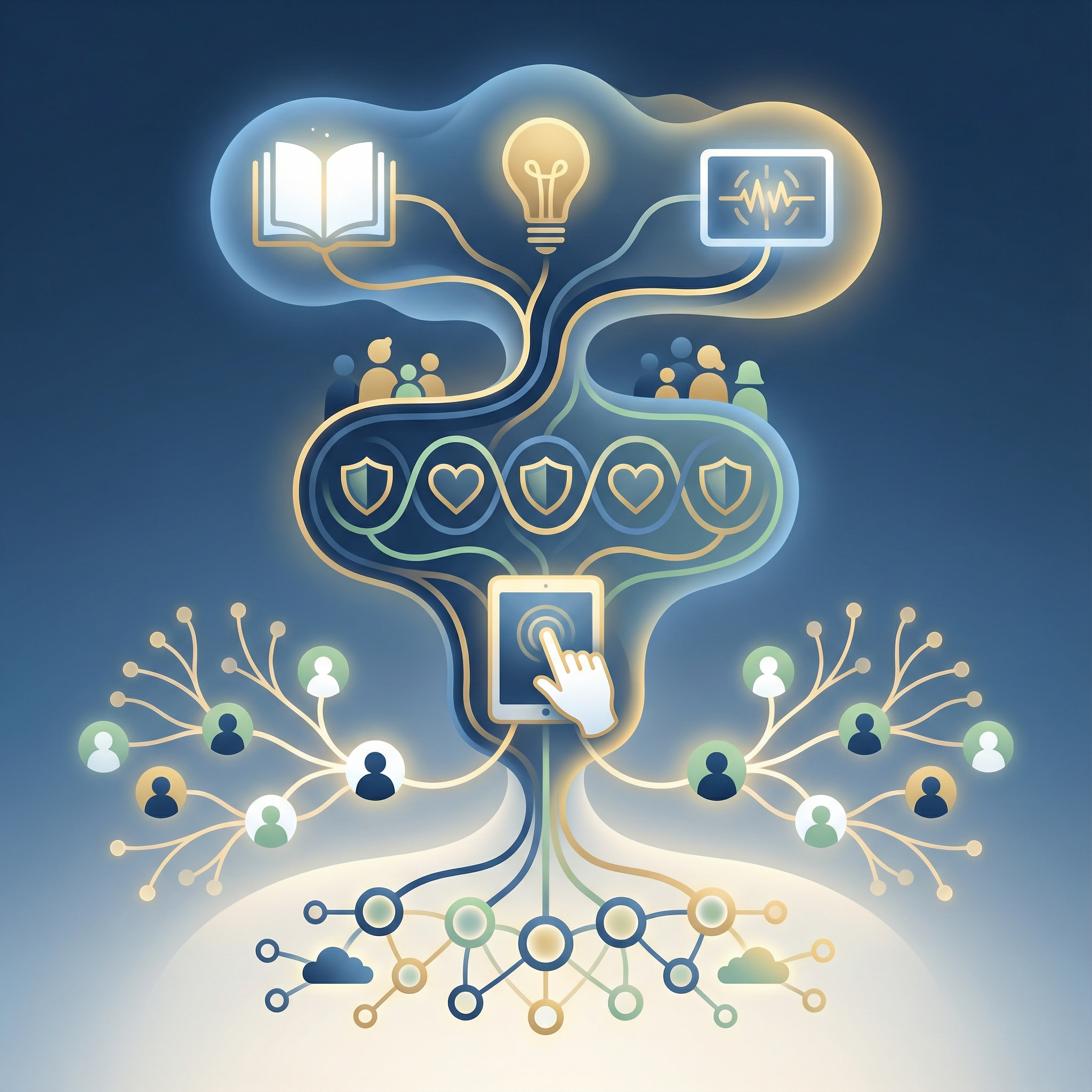 Ilustração de um funil alternativo de marketing mostrando atração por conteúdo valioso, construção de confiança, testes do produto e crescimento por boca a boca orgânico.