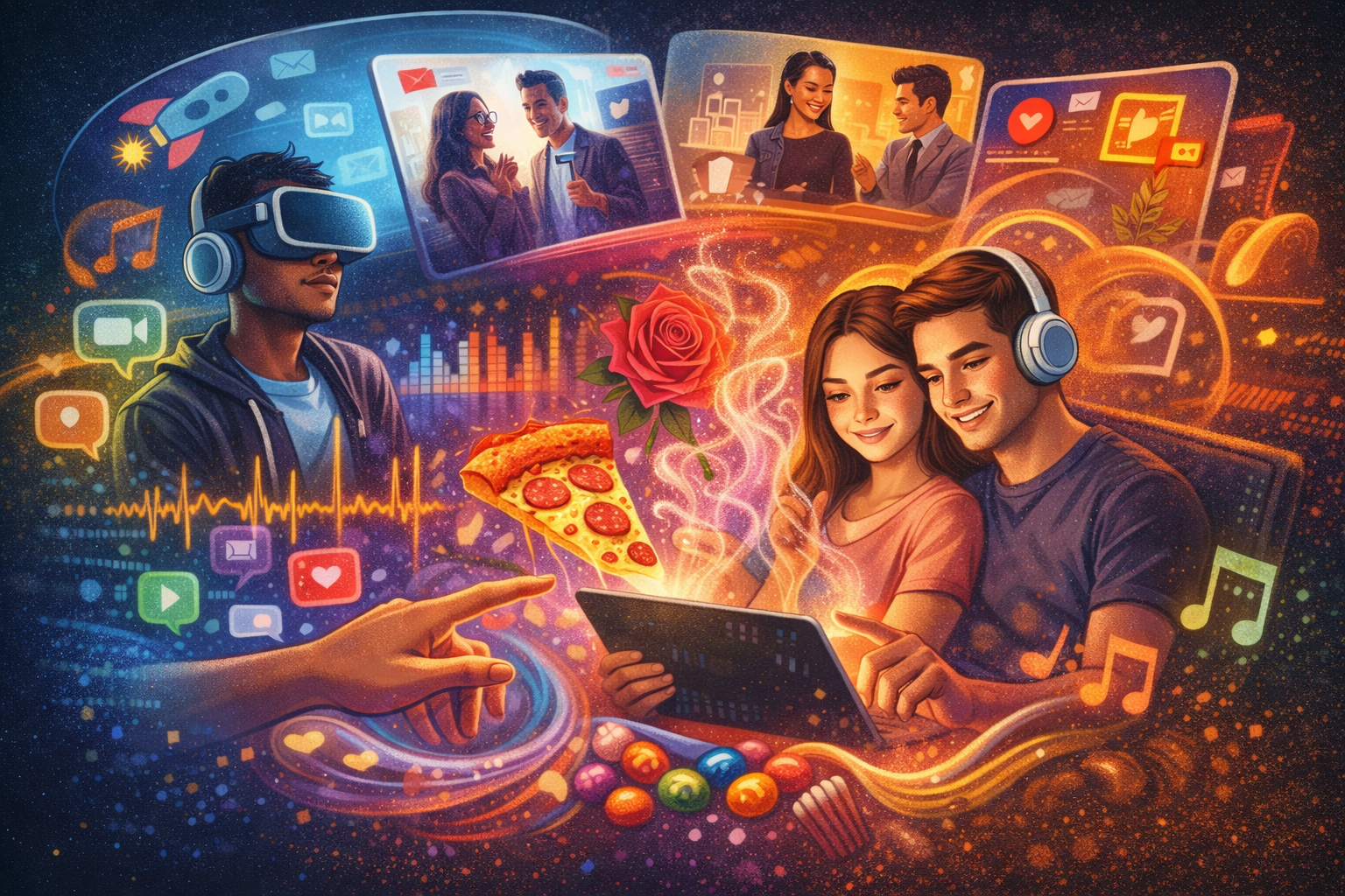 Ilustração das gerações Z e Alpha consumindo experiências digitais imersivas, com integração entre online e offline e estímulos multissensoriais como visão, audição, tato, olfato e paladar.