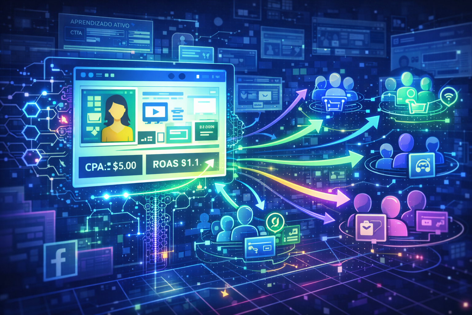 Ilustração conceitual mostrando o papel do criativo no Facebook Ads moderno, com um anúncio no centro sendo analisado por inteligência artificial, conectando automaticamente o criativo a diferentes públicos por meio de aprendizado de máquina, dados e métricas de performance.