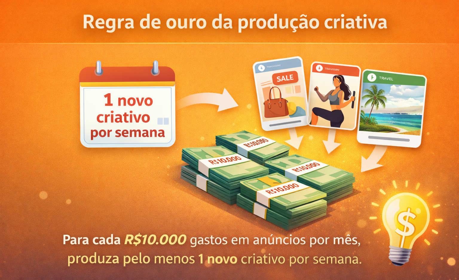 Ilustração da regra de ouro da produção criativa em anúncios digitais, mostrando a relação entre investimento em mídia e criação constante de novos criativos.