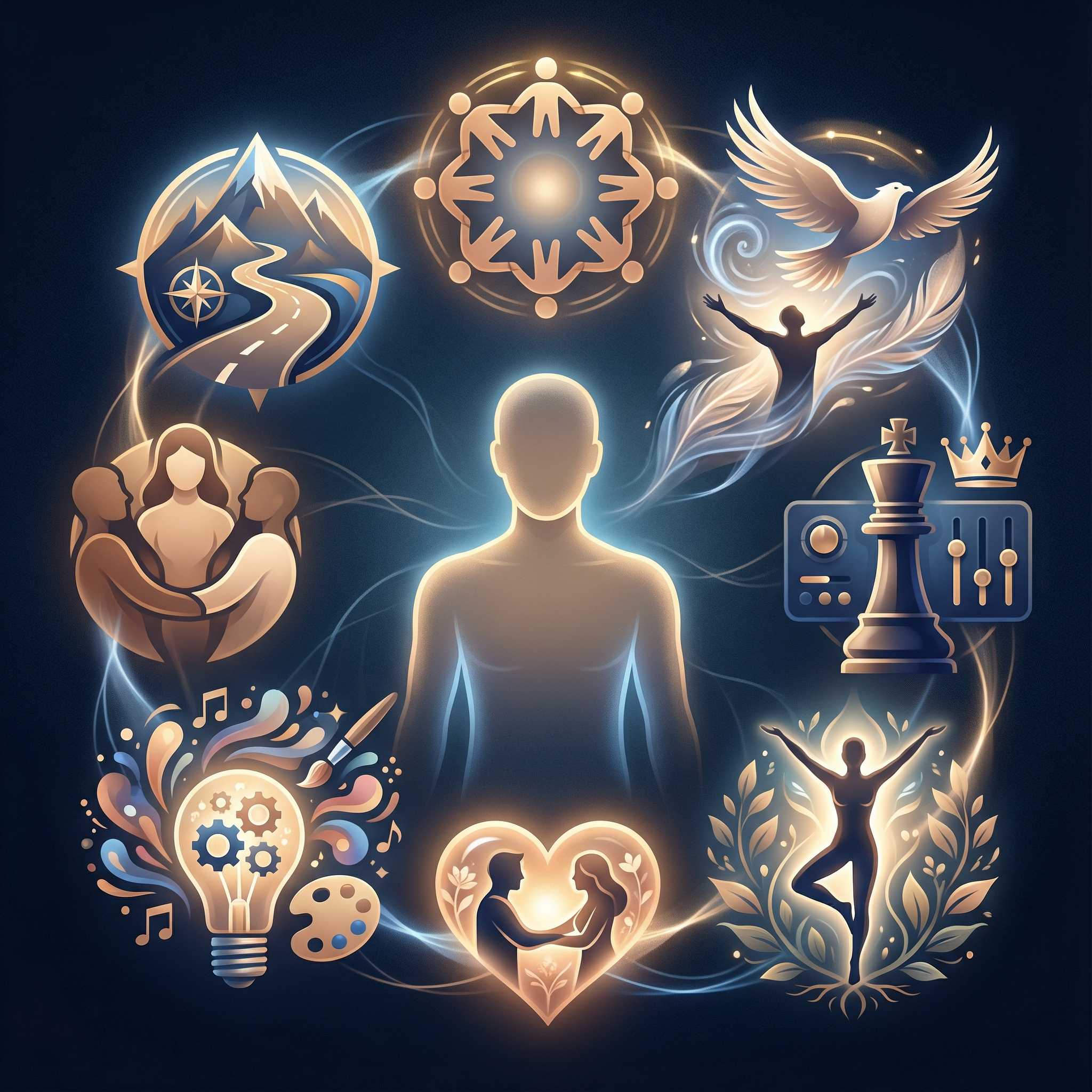 Ilustração conceitual dos sonhos e desejos humanos que movem as pessoas, representados por símbolos de aventura, pertencimento, liberdade, poder, afeição, saúde e criatividade.