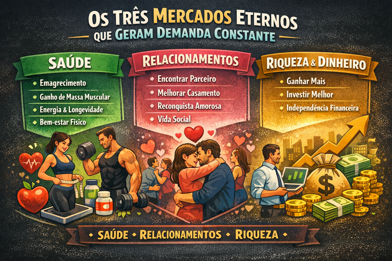 Ilustração dos três mercados eternos — saúde, relacionamentos e riqueza — que geram demanda constante, com exemplos como emagrecimento, vida amorosa e independência financeira.