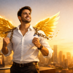 ilustração homem com asas livre e feliz, pronto para sair da clt