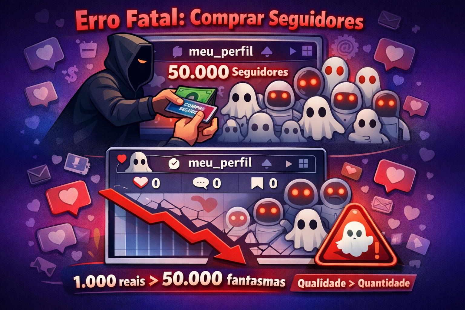 Imagem ilustrativa do erro 1: comprar seguidores no Instagram leva a bots cinzentos sem interação, engajamento zero e penalização do algoritmo.