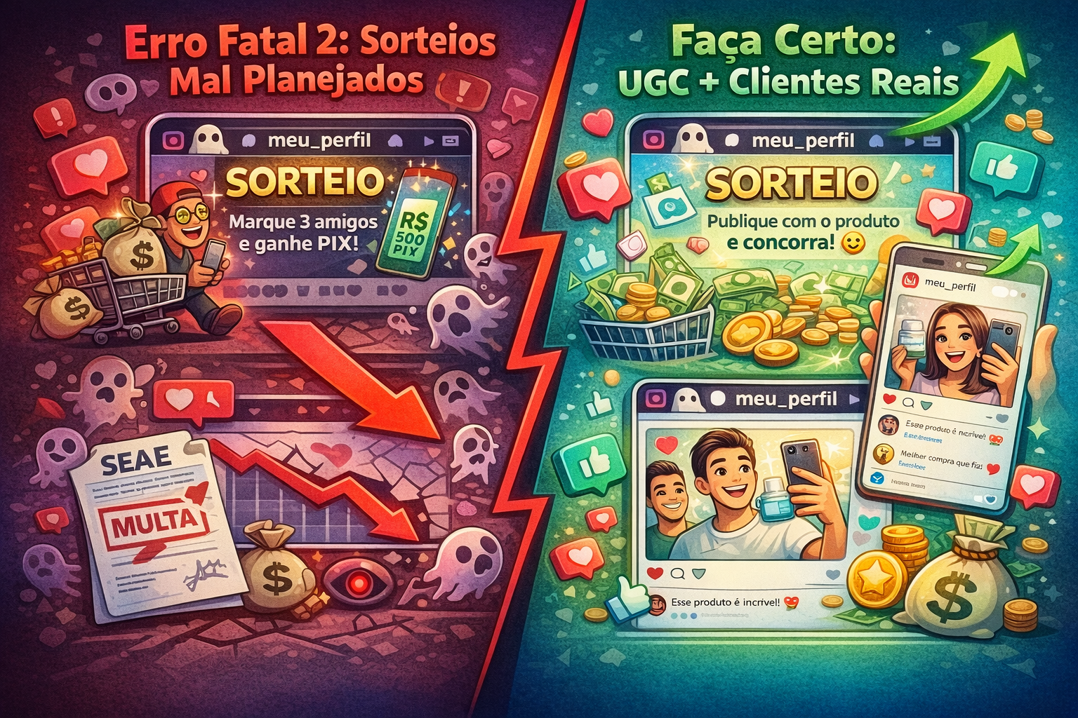 Imagem ilustrativa Erro 2: sorteios mal planejados no Instagram atraem caçadores de prêmios e causam unfollows massivos vs forma correta com UGC e prova social autêntica.