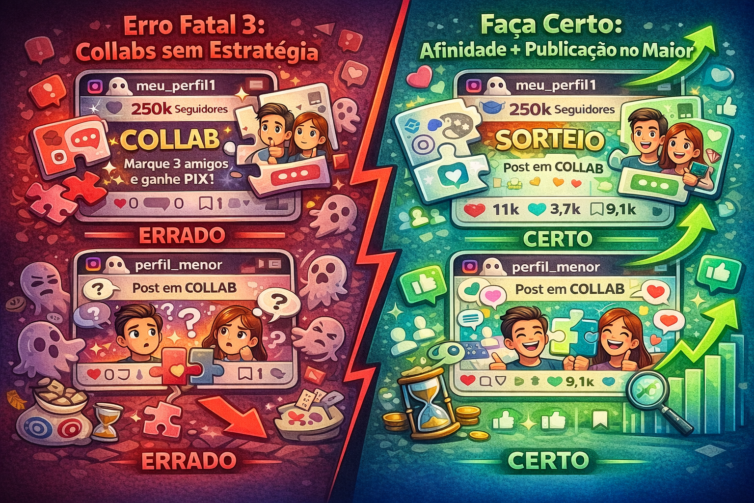 Imagem ilustrativa erro fatal 3: collabs erradas desperdiçam tempo e confundem marca vs collabs estratégicas com público alinhado e vendas reais.