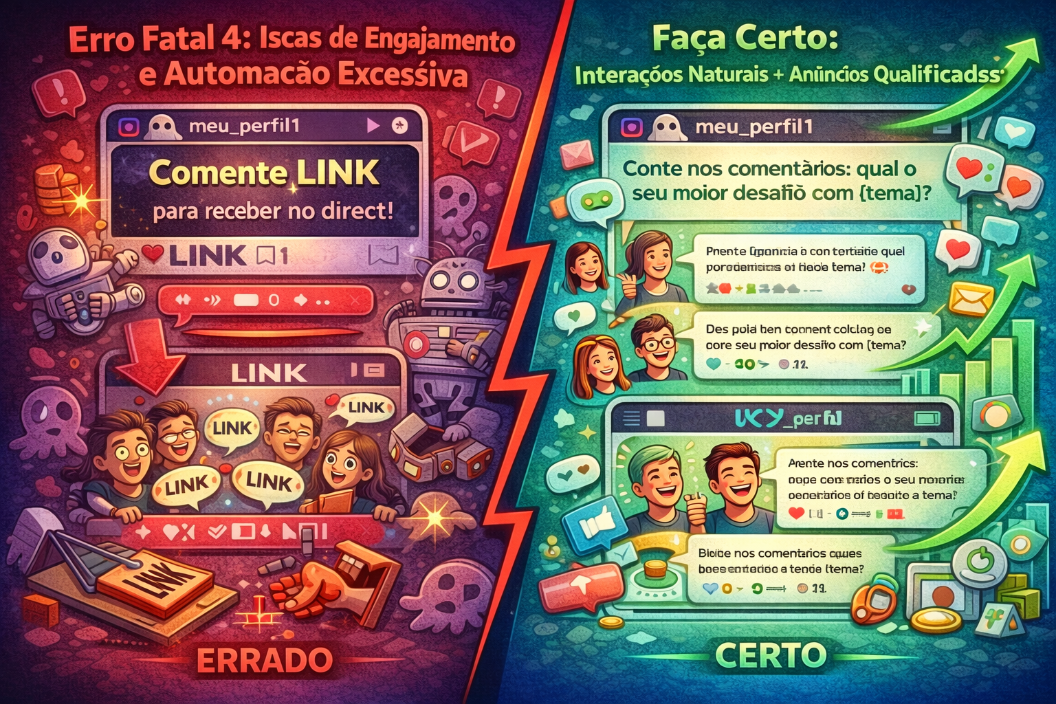 Imagem ilustrativa erro fatal 4: iscas artificiais e automação excessiva causam redução de alcance e restrições no Instagram vs alternativas seguras com interações orgânicas.