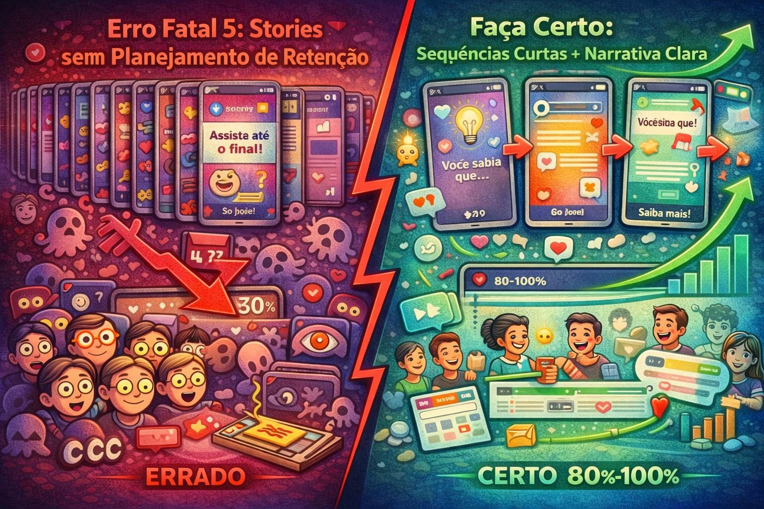 Imagem ilustrativa erro fatal 5: excesso de Stories causa baixa retenção e penalização no algoritmo vs planejamento curto e narrativo para máxima entrega e visualizações.